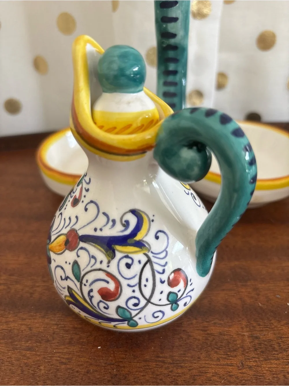 Ricco Deruta Italian Oil and Vinegar Cruet Set W Caddy Hand Painted Mediteranean